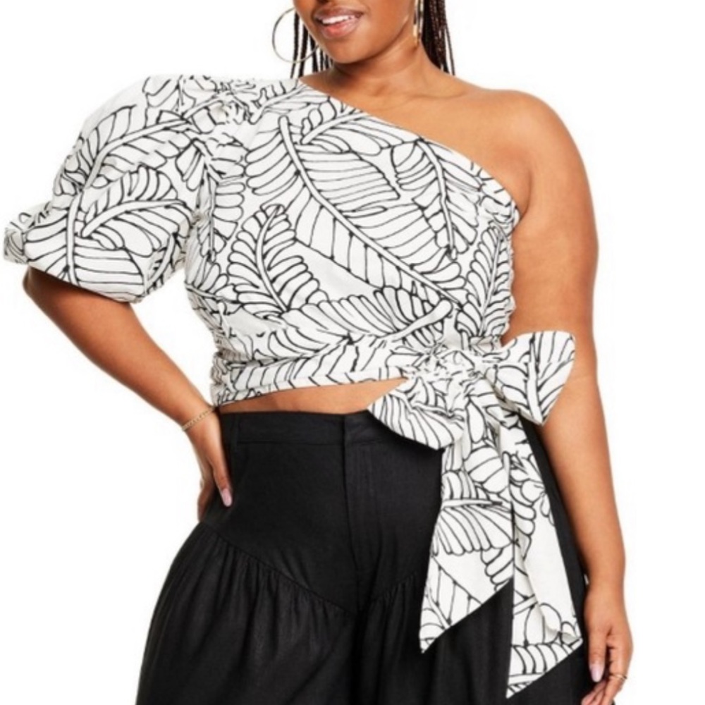 Fe Noel One-Shoulder Leaf Print Blouse - Black and White
